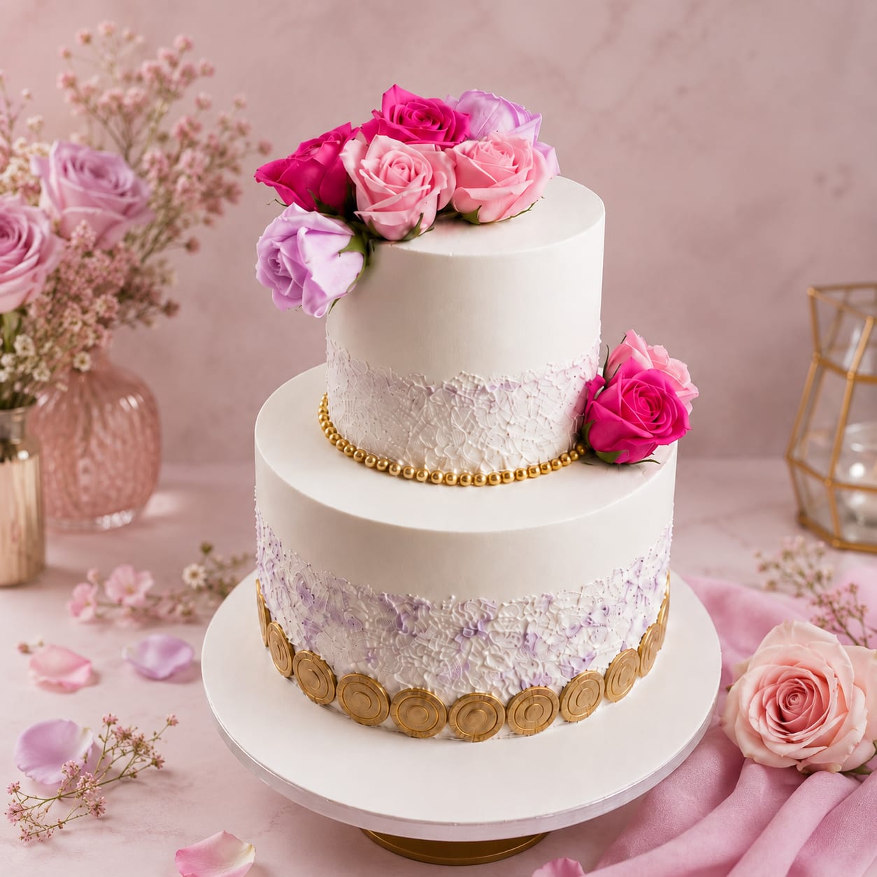 Two-Tier Pink Rose Cake