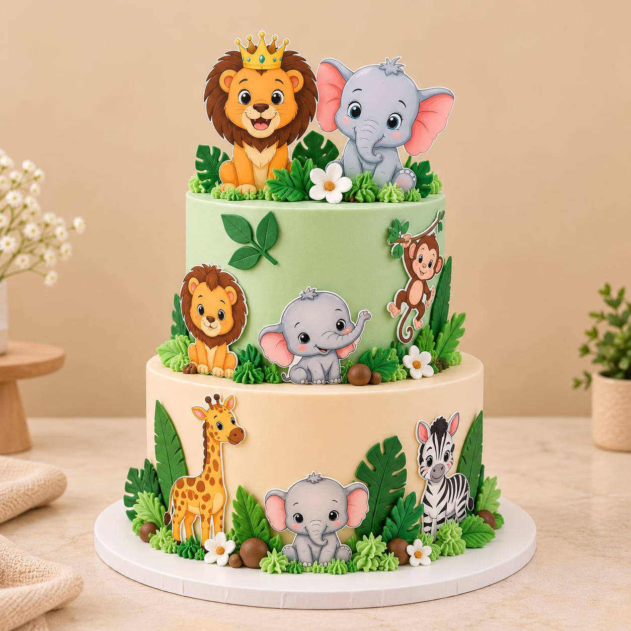 Two-Tier Jungle Safari Animal Birthday Cake